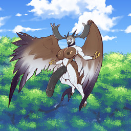 anthro balls beak big_breasts black_penis breasts brown_body feathered_wings feathers forest forest_background genitals herm horn huge_breasts humanoid_genitalia humanoid_penis hyper hyper_breasts hyper_genitalia intersex muscular muscular_anthro muscular_arms muscular_intersex muscular_thighs nature nature_background penis plant sky solo tree white_body wings becsantus avian bird deer demon mammal moose new_world_deer owl 1:1 absurd_res hi_res
