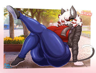 anthro big_breasts bottomwear breasts bruh clothing female fingers footwear hair inner_ear_fluff jacket looking_at_viewer nipple_outline outside pants scarf shoes solo tail topwear tuft white_hair white_inner_ear_fluff yellow_sclera nightlyflare domestic_cat felid feline felis mammal 2026 hi_res