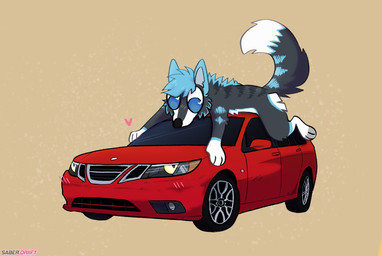 anthro car fur heart_reaction huge_eyes lying_on_car male multicolored_body multicolored_fur on_car simple_background solo toony vehicle saberdriift saab lupus_carnifex canid canine canis mammal wolf hi_res