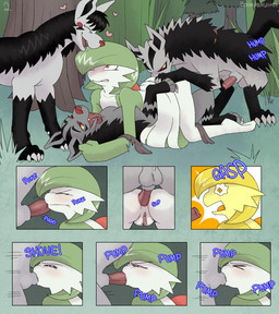 anal anal_penetration animal_genitalia animal_penis anus balls bestiality canine_genitalia canine_penis double_penetration eyes_closed fellatio female female_penetrated feral feral_penetrating feral_penetrating_humanoid forced genitals group group_sex heart_symbol humanoid_on_feral humanoid_penetrated male male/female male_penetrating male_penetrating_female open_mouth oral oral_penetration penetration penile penile_penetration penis penis_in_ass penis_in_mouth rape sex vulva bookabashka nintendo pokemon gardevoir generation_3_pokemon humanoid mightyena pokemon_(species) 2025 comic digital_media_(artwork) hi_res