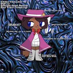 abstract_background alternate_universe animal_mask anthro bell blue_eyes boots bow_ribbon cloak clothing cowboy_hat dipstick_tail female footwear fox_mask hat headgear headwear markings mask shoes solo stated_age stated_young sweater tail tail_markings text topwear white_boots white_clothing white_footwear young godforgiveme4 ttayari undertale_(series) undertale_yellow kanako_ketsukane 1:1 absurd_res cel_shading english_text hi_res model_sheet shaded