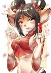 anthro asian_clothing black_hair blush breasts clothing east_asian_clothing female food hair holding_food holding_object looking_at_viewer midriff navel open_mouth side_boob smile solo user_cpsf8285 league_of_legends riot_games tencent firecracker_tristana tristana_(lol) deer mammal yordle 2022 absurd_res hi_res