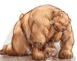 2020 anthro balls bear belly big_belly blush bodily_fluids brown_body brown_fur censored cum cum_on_ground ejaculation erection fur genital_fluids genitals hi_res kemono kotobuki male mammal overweight overweight_anthro overweight_male penis solo sweat