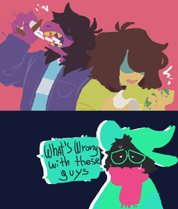 chalk clothing covered_eyes dialogue eating eyewear female fur glasses hat headgear headwear moss plant scarf text tomboy artdumbchild deltarune undertale_(series) kris_dreemurr ralsei susie_(deltarune) bovid caprine darkner goat human lizard mammal reptile scalie 2018 comic english_text