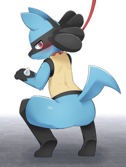 anthro black_body black_fingers black_hands blue_arms blue_body blue_butt blue_fur blue_tail blush butt collar collar_only crouching featureless_crotch fur leash nude red_collar red_eyes red_leash tail yellow_body yellow_fur sum nintendo pokemon generation_4_pokemon lucario pokemon_(species) absurd_res hi_res