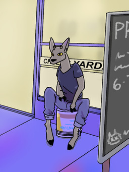 anthro antlers black_clothing black_shirt black_topwear bottomwear broken_antler city city_background clothing denim denim_bottomwear denim_clothing drunk freckled_face freckles hooves horn jeans male pants pensive shirt sitting sitting_on_object solo substance_intoxication tan_body toony topwear yellow_eyes thedeerzone deer mammal 3:4