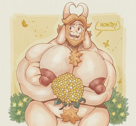2_horns anthro beard big_moobs big_nipples blonde_beard blonde_facial_hair blonde_hair body_hair bouquet chest_hair dialogue exclamation_point facial_hair flower flower_bouquet fur genitals hair holding_flower holding_object horn long_ears male mature_anthro mature_male moobs muscular muscular_arms nipples nude_anthro nude_male open_mouth penis penis_base plant pubes solo speech_bubble text white_body white_fur furryonline1 undertale_(series) asgore_dreemurr bovid caprine goat mammal 2025 english_description english_text hi_res