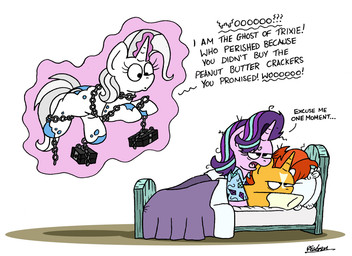 bed bed_hair bedhead box chain clothing container disguise female feral flour frustrated furniture glowing glowing_horn group hair horn humor kite levitation magic male messy_hair pajamas telekinesis tired unimpressed bobthedalek a_christmas_carol friendship_is_magic hasbro my_little_pony mythology starlight_glimmer_(mlp) sunburst_(mlp) trixie_(mlp) equid equine ghost mammal mythological_creature mythological_equine spirit undead unicorn 2020