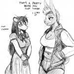 1:1 american_opossum anthro big_breasts breasts clothed clothing dialogue dress duo english_text eyelashes eyewear female fully_clothed glasses greyscale hair hi_res hladilnik jacket janice_(hladilnik) lagomorph leporid mammal marsupial marylin_(hladilnik) monochrome nipple_outline nipple_piercing nipples piercing rabbit smile text topwear virginia_opossum