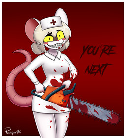 anthro big_ears black_eyes blonde_hair blood blood_in_mouth blood_on_clothing blood_on_face blood_on_hand blush blush_stickers bodily_fluids breasts chainsaw clothing creepy_smile female fur hair headgear headwear holding_object holding_tool holding_weapon looking_at_viewer nurse nurse_clothing nurse_headwear nurse_uniform power_tool rat_tail simple_background smile solo standing tail text tools uniform weapon white_body white_fur yellow_sclera panqueik terrible_mouse lorna_(terrible_mouse) house_mouse mammal mouse murid murine rat rodent absurd_res hi_res