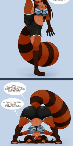 ahoge anthro aquamarine_eyes athletic brown_body brown_eyes brown_fur butt_slap camo camo_clothing camo_print camo_tank_top camo_topwear claws clothing dialogue female fur hair inner_ear_fluff multicolored_body multicolored_fur multicoloured_tail pattern_clothing pattern_topwear pawpads pink_pawpads sharp_teeth slap solo stretching tan_body tan_skin tanuki_tail teeth text toned_muscles topwear tuft yoga_shorts mentalcrash koyo_(jward67) canid canine mammal raccoon_dog tanuki absurd_res comic english_text hi_res