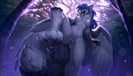 anthro blue_hair breasts chest_tuft feathered_wings feathers feet female foot_focus forest genitals hair humanoid_genitalia humanoid_pussy looking_at_viewer low-angle_view nipples nude outdoor_nudity outside pawpads paws plant pussy solo tree tuft wings hioshiru gabriel_serealia canid canine enfield hybrid mammal 2021 digital_media_(artwork) shaded