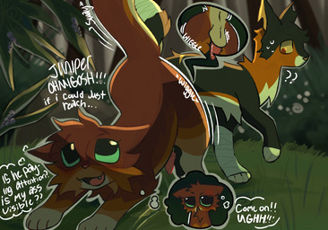 4_toes animal_genitalia animal_penis anus balls bandage bandaged_leg berry big_eyes bodily_fluids brown_body brown_fur butt cheek_tuft duo ears_down facial_tuft feet feline_genitalia feline_penis feral food fruit fur genitals grass green_eyes leaf looking_at_genitalia male male/male motion_lines paws penile_spines penis pink_penis pivoted_ears plant presenting presenting_anus presenting_hindquarters presenting_penis question_mark raised_tail shadow shocked sweat tail text thought_bubble toes tuft white_balls white_text wiggle wiggling_butt young young_feral young_male littleperrito warriors_(book_series) foxpaw_(sablepaw) domestic_cat felid feline felis mammal english_text hi_res
