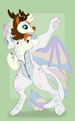 antlers blue_eyes horn membrane_(anatomy) membranous_wings scales solo suit_transformation toony transformation white_body wings symrea mythology deer_fox dragon mythological_creature mythological_scalie scalie 5:8 hi_res sketch