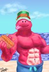 anthro beach clothing covered_eyes food hot_dog looking_at_viewer male muscular muscular_male seaside solo swimming_trunks swimwear tongue tongue_out unknown_artist brawl_stars supercell_(company) doug_(brawl_stars) dinosaur prehistoric_species reptile scalie hi_res