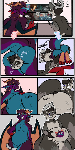 abdominal_bulge ambiguous_gender anal anal_vore anthro butt controller digestion duo electronics fin game_controller halo hand_on_belly hand_on_hip horn leg_ring oral_vore sharp_teeth smile soft_vore tail tail_fin teeth television timeline_split toothy_grin vore vore_tattoo weight_gain wings eclairscollection arc_system_works guilty_gear guilty_gear_strive mythology dragon mammal mythological_creature mythological_scalie procyonid raccoon scalie hi_res