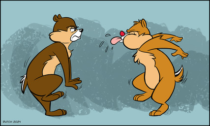 4_fingers anthro arms_back black_border bodily_fluids border dance_off duo eye_contact eyes_closed fingers fur looking_at_another male mouth_closed nude paws raised_leg raised_tail saliva side_view tail tongue tongue_out dutch_(artist) disney chip_(disney) dale_(disney) chipmunk ground_squirrel mammal rodent sciurid 2024 5:3 hi_res signature