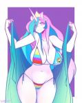 anthro big_breasts bikini blue_wings breasts clothing creature_print crown female headgear horn multicolored_clothing multicolored_swimwear print_bikini print_clothing print_swimwear rainbow_bikini rainbow_clothing rainbow_dash_bikini rainbow_swimwear side-tie_bikini side-tie_clothing side-tie_swimwear solo string_bikini swimwear triangle_bikini two-piece_swimsuit wings da3rd friendship_is_magic hasbro my_little_pony mythology princess_celestia_(mlp) rainbow_dash_(mlp) equid equine mammal mythological_creature mythological_equine unicorn hi_res