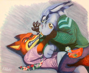 angry anthro anti-venom_pen clothing duo epipen fanny_pack green_clothing green_sweater green_topwear holding_object holding_weapon injector male necktie pack paws pink_clothing pink_shirt pink_topwear shirt snow struggling sweater topwear venom_injector weapon eikku91 disney zootopia nick_wilde pawbert_lynxley canada_lynx canid canine felid feline fox lynx mammal red_fox true_fox hi_res