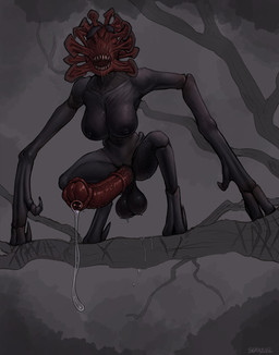 animal_genitalia animal_penis balls big_breasts big_penis black_body bodily_fluids breasts dripping equine_genitalia equine_penis erection eyeless flared_penis genital_fluids genitals gynomorph intersex medial_ring open_mouth penis precum precum_drip saliva saliva_drip sharp_teeth solo standing teeth seraziel a_quiet_place alien death_angel_(a_quiet_place) monster 2025 hi_res