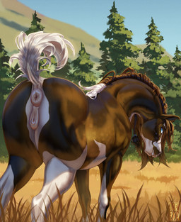 animal_genitalia animal_vulva anus butt equine_anus equine_genitalia equine_vulva female feral fur genitals looking_at_viewer looking_back outside plant puffy_anus smile solo tail tree vulva jaribka equid equine horse mammal digital_media_(artwork) hi_res