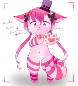 4_fingers accessory anthro biped bodily_fluids bow_(feature) bow_accessory bow_ribbon breasts clothing covering covering_breasts covering_self dialogue female fingers fur genital_fluids genitals hair hair_accessory hair_bow hair_ribbon hat headgear headwear heterochromia loli looking_at_viewer navel nude pawpads paws pink_body pink_eyes pink_fur purple_eyes recording ribbons solo text vaginal_fluids vulva young young_anthro young_female kryztar cat_busters cheshire_(cat_busters) cheshire_cat_(species) domestic_cat felid feline felis mammal 2018 digital_media_(artwork) english_text hi_res shaded