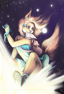 accessory anthro backpack biped blonde_hair blue_eyes buckteeth choker clothed clothing convenient_censorship dress energy_beam female flower footwear fur hair hair_accessory jewelry light mail necklace paper plant riding shoes sky solo star teeth keatu mammal rodent sciurid tree_squirrel hi_res