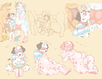 anthro black_body black_ears black_fur blue_body blue_clothing blue_eyes blue_shirt blue_topwear bottomwear clothing collar confusion dialogue eyes_closed eyewear fur glasses goo_transformation group horn intelligence_loss kneeling leash markings multicolored_body multicolored_fur null_bulge pattern_clothing pattern_shirt pattern_topwear red_eyewear red_glasses round_glasses shirt shorts simple_background size_difference spots spotted_body spotted_fur striped_clothing striped_shirt striped_topwear stripes teats text topwear transformation transformation_sequence trio udder_nursing udders white_body white_fur matuska mythology ollie_(bigboybark) bovid bovine canid canine canis dalmatian domestic_dog equid equine hybrid mammal mythological_creature mythological_equine unicorn 2026 digital_media_(artwork) english_text hi_res sequence