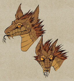 ambiguous_gender black_tongue brown_body brown_fur duo fangs feral forked_tongue fur pointy_ears pupils scales simple_background slit_pupils tan_background tan_body tan_scales teeth tongue tongue_out yellow_eyes han_(artist) fallout microsoft canid canine canis coyote hybrid mammal night_stalker_(fallout) pit_viper rattlesnake reptile scalie snake viper english_description headshot_portrait hi_res portrait