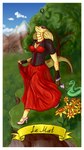 border card card_template clothed clothing female flower_accessory fool footwear high_heels major_arcana markings red_clothing shoes solo tail tarot tarot_card tattoo the_fool_(tarot) white_border val'dira val'dira_(character) cobra humanoid reptile scalie snake 9:16 absurd_res hi_res