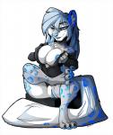 anthro bedroom_eyes biped blue_eyes blue_hair blue_nipples blue_nose blue_pawpads blue_pussy blue_spots bottomless breast_squish breasts clothed clothing exposed_breasts female fur genitals hair half-closed_eyes hand_on_breast looking_at_viewer narrowed_eyes nipples open_mouth partially_clothed pawpads plump_labia pussy seductive simple_background sitting smile solo spots squish white_background white_body white_fur jesterghastly sasha_(jay_wolfe) felid mammal pantherine snow_leopard hi_res