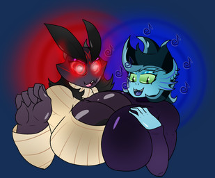 abstract_background anthro areola areola_slip big_breasts black_eyebrows black_eyes black_hair black_sclera blue_body blue_hair breasts clothing duo eyebrows female fin green_sclera hair horn huge_breasts hypnosis hypnotic_eyes long_sleeve_shirt mind_control musical_note musical_symbol open_mouth purple_body red_eyes singing spiral spiral_background spiral_eyes sweater symbol teeth_showing topwear turtleneck turismoturbo mythology venus_(turismoturbo) yaojou dragon fish jou marine mythological_creature mythological_scalie scalie siren 2018 bust_portrait colored digital_drawing_(artwork) digital_media_(artwork) portrait