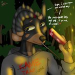 anthro blush blush_lines campfire candy clothing dessert dreadlocks embers eye_bags food forest forest_background hoodie looking_at_viewer male nature nature_background night paws plant pocky_game pocky_in_mouth solo star text topwear tree drow462 pocky alan_(word360) canid canine canis dobermann domestic_dog mammal pinscher 1:1 english_text hi_res