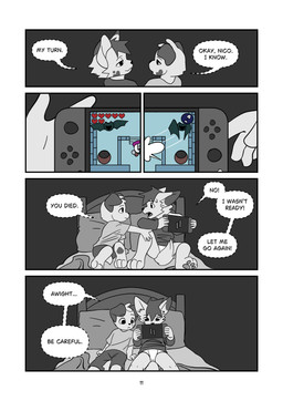 anthro bed bed_sheet bedding bedroom bodily_fluids clothing dialogue distressed duo emanata floppy_ears furniture gaming heart_(marking) heart_symbol long_sleeve_shirt long_sleeves male markings narrowed_eyes pawpads pillow playing playing_video_game smoke sweat sweatdrop tail text underwear whispering young young_anthro young_male minishadefox nintendo nintendo_switch elliot_vance nico_florence bat canid canine canis domestic_dog humanoid mammal absurd_res black_and_white comic english_text hi_res monochrome cousins_(lore)