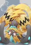 absurd_res ambiguous_gender anthro blue_eyes blush bodily_fluids butt digital_media_(artwork) felid fur generation_7_pokemon hi_res legendary_pokemon mammal nintendo open_mouth pokemon pokemon_(species) smile solo tears tsukane_yoda yellow_body yellow_fur zeraora