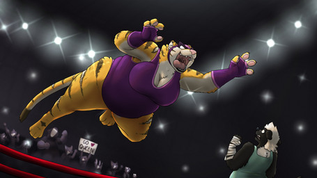 anthro audience belly big_belly big_breasts breasts camera_flashes cleavage clothed clothing female fighting_ring fluffy gloves group hand_wraps handwear leotard size_difference thick_thighs wraps wrestling themuffinly marta_(themuffinly) badger felid mammal mustelid musteline pantherine tiger 16:9 hi_res widescreen
