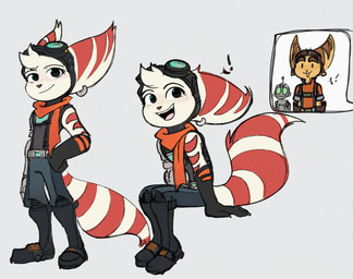anthro boots clothing cybernetic_arm cybernetic_limb ear_piercing ear_ring exclamation_point eyebrows eyelashes eyewear eyewear_on_head female footwear fur gloves goggles goggles_on_head hand_on_hip handwear machine male markings open_mouth open_smile piercing red_stripes ring_(marking) ring_piercing ringed_tail scarf shoes smile solo standing striped_markings striped_tail stripes tail tail_markings white_body white_fur time_fluffy500 ratchet_and_clank sony_corporation sony_interactive_entertainment clank_(ratchet_and_clank) ratchet_(ratchet_and_clank) rivet_(ratchet_and_clank) lombax mammal robot 2025 hi_res pictographics