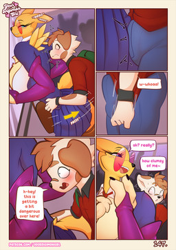 anthro anthrofied armwear big_breasts blue_eyes blush breasts bridal_gauntlets brown_body brown_fur brown_hair bulge clothed clothed_anthro clothed_female clothed_male clothing detailed_bulge dialogue erection erection_under_clothing eyewear female fur genital_outline glasses hair huge_breasts looking_at_another looking_at_partner male male/female mane multicolored_body multicolored_fur penis_outline public public_exposure purple_armwear purple_bridal_gauntlets purple_clothing rubbing school_uniform size_difference speech_bubble tail teasing teasing_with_butt text two_tone_body two_tone_fur uniform wearing_glasses white_body white_fur yellow_body yellow_fur conditional_dnp yourdigimongirl bandai_namco digimon digi_(yourdigimongirl) leo_(yourdigimongirl) canid canine canis digimon_(species) domestic_dog mammal renamon 2026 comic digital_media_(artwork) english_text hi_res url