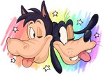 anthro black_eyes black_nose buckteeth duo eye_contact freckles happy interspecies looking_at_another male male/male one_eye_closed pink_ears rainbow simple_background smile star star_polygon stars_around_body stars_around_head teeth tongue tongue_out rockabillybun disney goofy_(disney) horace_horsecollar canid canine canis domestic_dog equid equine horse mammal