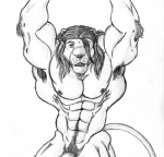 abs anthro armpit_hair biceps body_hair hair happy_trail looking_at_viewer male muscular muscular_anthro muscular_male nude pecs piercing pose pubes simple_background solo tail white_background sudonym felid lion mammal pantherine greyscale monochrome