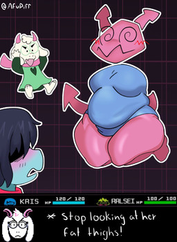 annoyed anthro black_eyes blue_body blue_clothing blue_hair blue_skin blush blush_lines breasts clothing dialogue eyewear fangs female floppy_ears front_view fur glasses green_clothing green_robe group hair head_tuft horn lop_ears male open_mouth overweight overweight_female pink_body pink_horn pink_scarf purple_background robe round_glasses scarf simple_background spiral spiral_eyes teeth text text_box thick_thighs trio tuft white_body white_fur wide_hips afupiff deltarune undertale_(series) ralsei bovid caprine computer_virus_(species) darkner goat human mammal virovirokun english_text hi_res