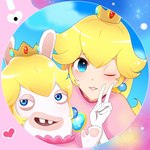 blonde_hair blue_eyes buckteeth clothing crown dress duo ear_piercing female gesture gloves hair hand_gesture handwear headgear piercing pink_clothing pink_dress teeth v_sign white_clothing white_gloves white_handwear mai_(shayu345) mario_bros mario_plus_rabbids_kingdom_battle nintendo raving_rabbids rayman_(series) ubisoft princess_peach rabbid_peach human lagomorph mammal rabbid crossover