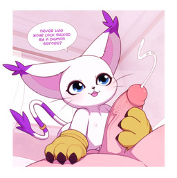 accessory anthro biped black_nose blue_eyes blush bodily_fluids clothing cum cute_fangs digiphilia dipstick_ears duo ear_markings ejaculation erection fangs female flat_chested fur furgonomics genital_fluids genitals glans glovejob gloves gloves_only handjob handwear handwear_only humanoid_genitalia humanoid_penis interspecies jewelry male male/female male_human mostly_nude multicolored_ears nipples open_mouth open_smile paw_gloves penile penis pupils purple_ear_tips purple_tail question_mark ring sex smile tail tail_accessory tail_jewelry tail_ring teeth text tongue two_tone_tail white_body white_fur white_tail yellow_clothing yellow_gloves yellow_handwear kekitopu bandai_namco digimon hey_kid_ever_had_ya_dick_sucked digimon_(species) gatomon human mammal 2025 absurd_res english_text hi_res