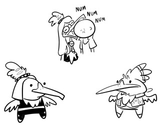anthro bald chibi choker clothed clothing female group hair humor jewelry long_snout male necklace simple_background snout tied_hair toony trio white_background wings nrool cavemanon_studios goodbye_volcano_high ko_op_(game_developer) nintendo pokemon snoot_game anon_(snoot_game) fang_(gvh) cramorant generation_8_pokemon human mammal pokemon_(species) crossover hi_res monochrome sketch sketch_page