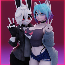 anthro blue_eyes blue_hair breasts clothed clothing duo eyelashes female femboy glistening_eyelids hair long_eyelashes male piercing pose red_eyes thong_straps white_body sykonejo sykonejo_(modeler) catherine_(rmorssss) nyx_(sykonejo) domestic_cat felid feline felis lagomorph leporid mammal rabbit 1:1 3d_(artwork) blender_(artwork) digital_media_(artwork) hi_res