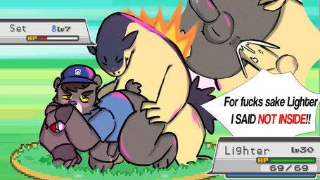all_fours anal bodily_fluids cum cum_inside duo gameplay_mechanics genital_fluids male male/male profanity text not_sbwzy_(artist) nintendo pokemon bear generation_2_pokemon mammal pokemon_(species) typhlosion 16:9 4k absurd_res english_text hi_res widescreen