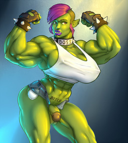 balls big_breasts big_muscles bracelet breasts broad_shoulders clothed clothing collar erect_nipples erection fingerless_gloves genitals gloves green_body green_skin gynomorph hair handwear humanoid_pointy_ears intersex jewelry lipstick makeup muscular muscular_gynomorph muscular_humanoid muscular_intersex nipples not_furry penis pointy_ears pose purple_eyes purple_hair shirt skimpy solo spiked_bracelet spiked_collar spikes tank_top tattoo text tight_clothing topwear unbuttoned wristband wahafagart blizzard_entertainment warcraft humanoid orc english_text