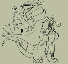 3_toes abs affectionate anthro baseball_cap bottomless bottomless_male bottomwear carrying_another carrying_partner claws clothed clothing coat duo feet fur hat headgear headwear heart_symbol horn licking long_neck male male/male open_clothing open_coat open_topwear pants pockets scales side_view size_difference tail tail_motion tailwag toe_claws toes tongue topwear kingkuga bandai_namco digimon mythology briggsy_(kingkuga) canid canine digimon_(species) dragon furred_dragon furred_scalie mammal mythological_creature mythological_scalie scalie