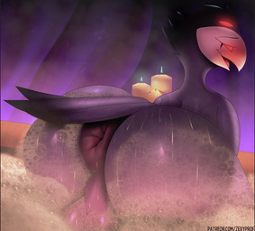 anthro anus backsack balls bath big_anus big_butt biped butt candle genitals huge_anus huge_butt hyper hyper_anus male nude perineum puffy_anus rear_view simple_background smile solo thick_thighs water wide_hips zexyprof hellaverse helluva_boss stolas_(helluva_boss) avian bird demon owl_demon 2023 digital_media_(artwork)
