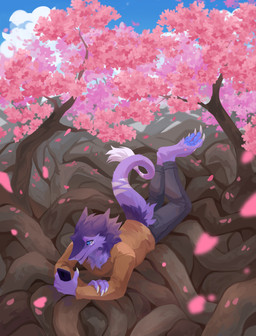 anthro barefoot blue_eyes blue_sky bottomwear cherry_blossom cherry_blossom_tree cherry_tree clothed clothing feet flower fruit_tree fur grey_bottomwear grey_clothing grey_pants lying male on_front orange_clothing orange_topwear outside pants plant prunus_(flower) purple_body purple_fur roots sky solo tail tail_tuft topwear tree tuft unsigned corzh77 sergal absurd_res full-length_portrait hi_res portrait